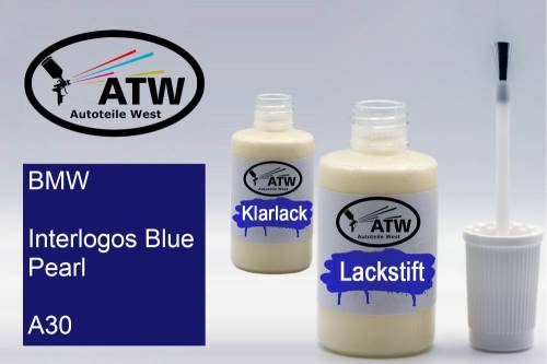 BMW, Interlogos Blue Pearl, A30: 20ml Lackstift + 20ml Klarlack - Set, von ATW Autoteile West.